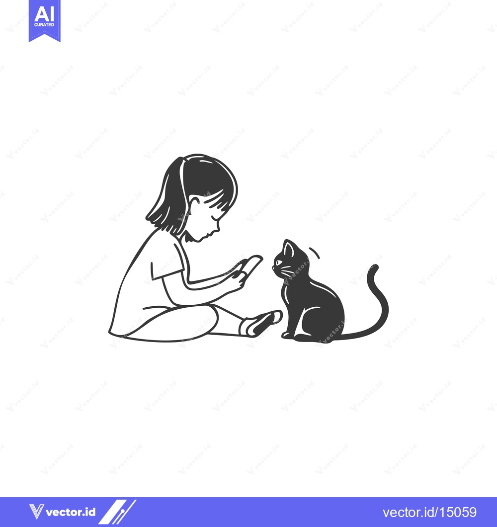 Premium Vector dari A Girl Sitting with a Cat and a Smartphone