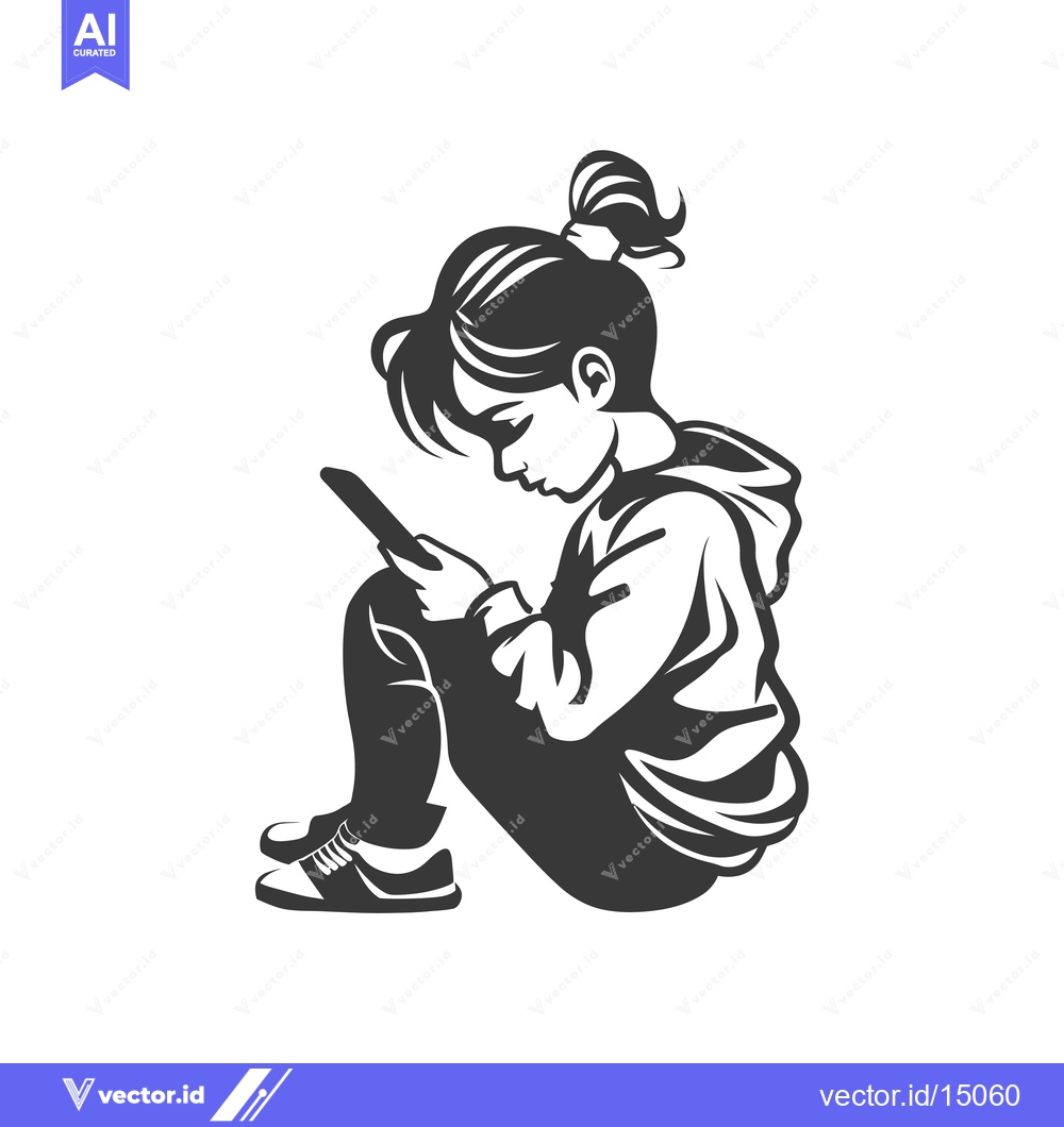 Premium Vector of A girl sitting with a phone in her hand