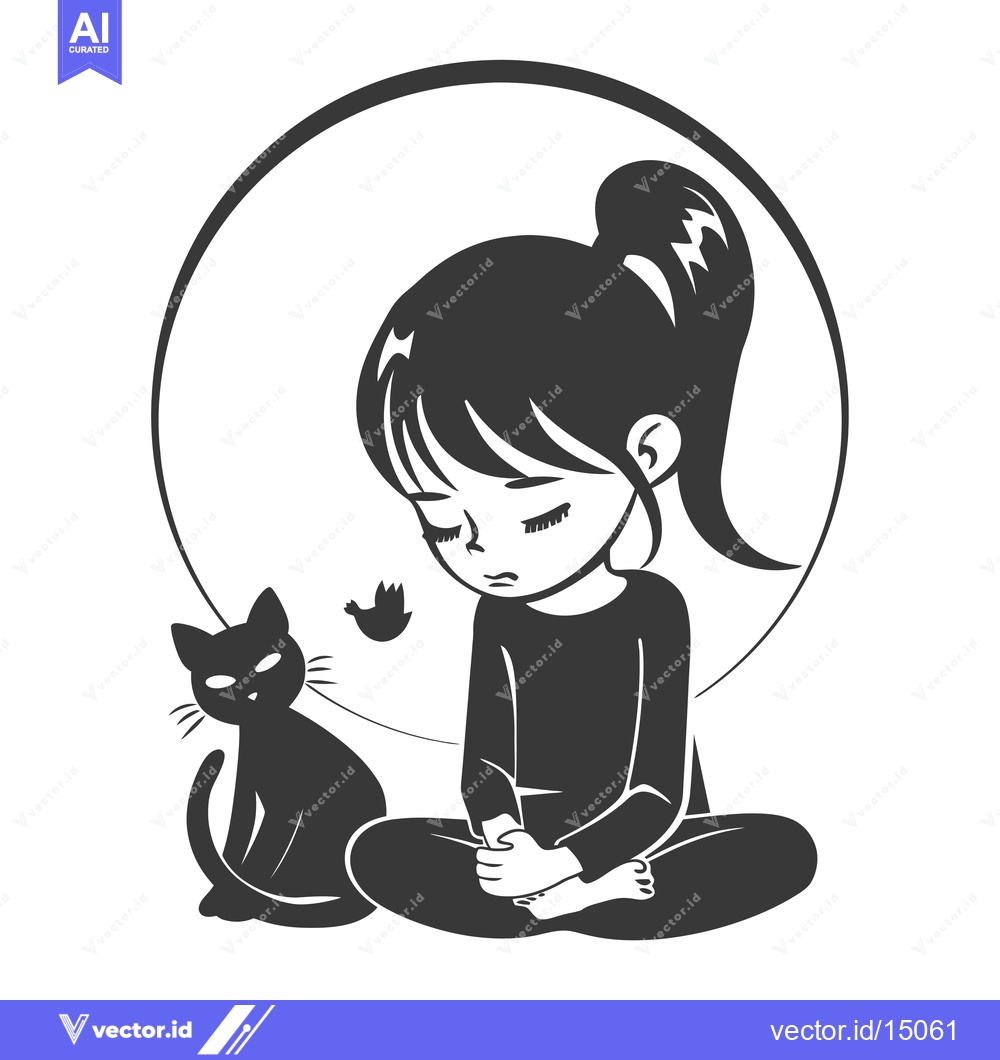 Premium Vector of A girl sitting with her cat and a bird flying in the background