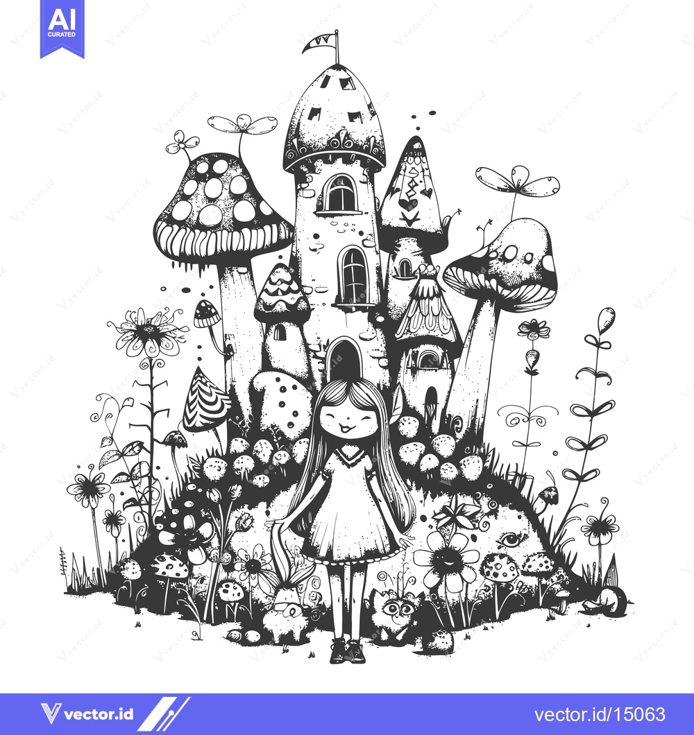 Premium Vector dari A girl standing in front of a whimsical castle built from mushrooms an