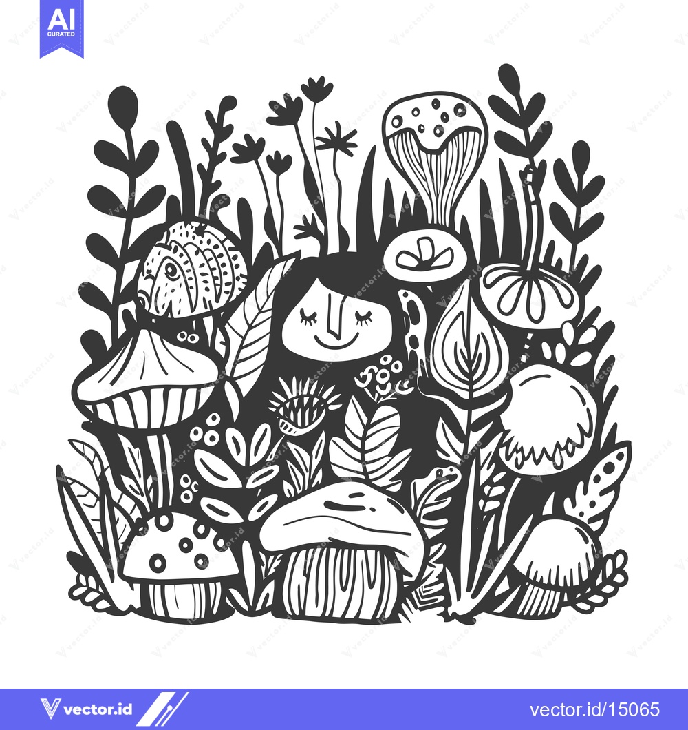 Premium Vector dari A Girl Surrounded by Mushrooms and Floral Elements