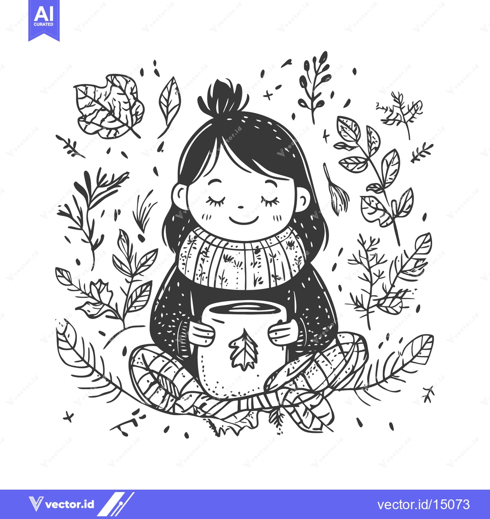 Premium Vector of A girl wearing a knitted scarf sitting on a bed of leaves, holding a m