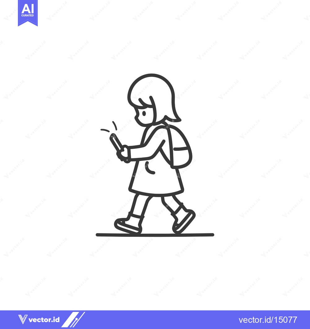Premium Vector dari A girl with a backpack walks while looking at her phone
