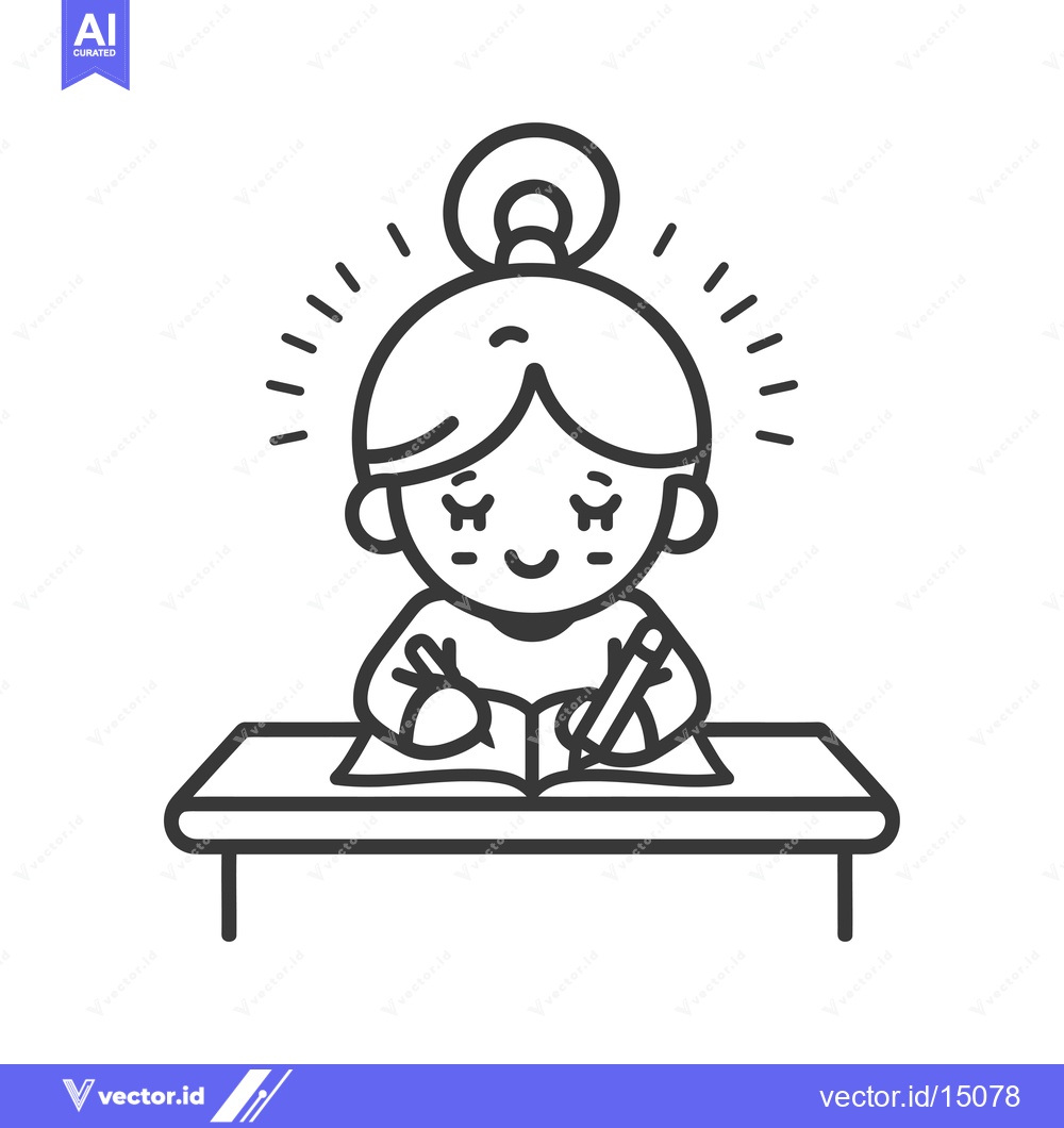 Premium Vector dari A girl with a bun sitting at a desk with a book and a pencil