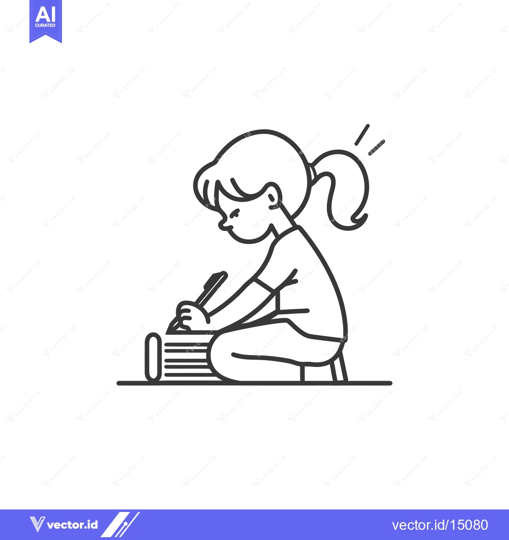 Premium Vector of A girl with a ponytail sitting on a chair and writing with a pen