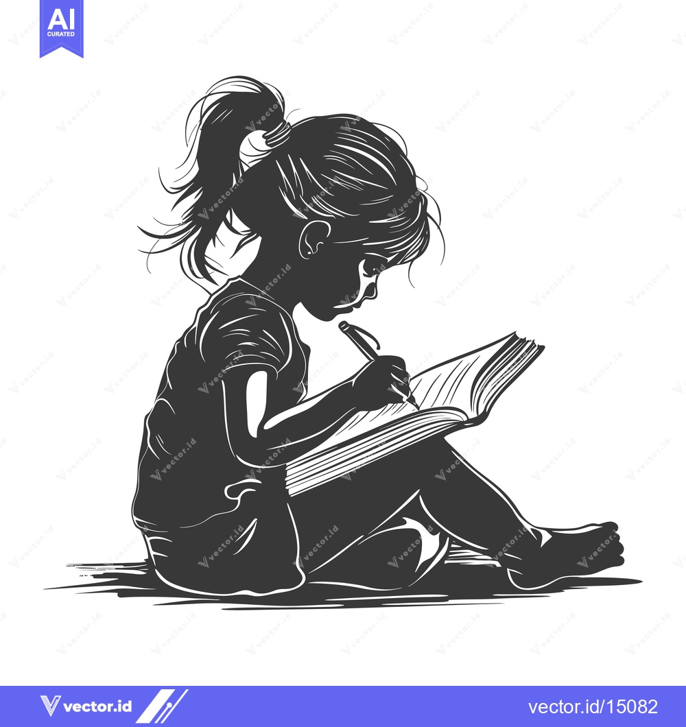 Premium Vector of A Girl with a Ponytail Writing in a Book