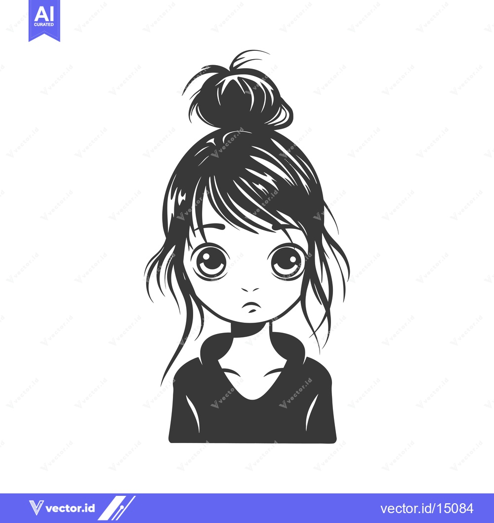 Premium Vector of A girl with big eyes and a messy bun hairstyle
