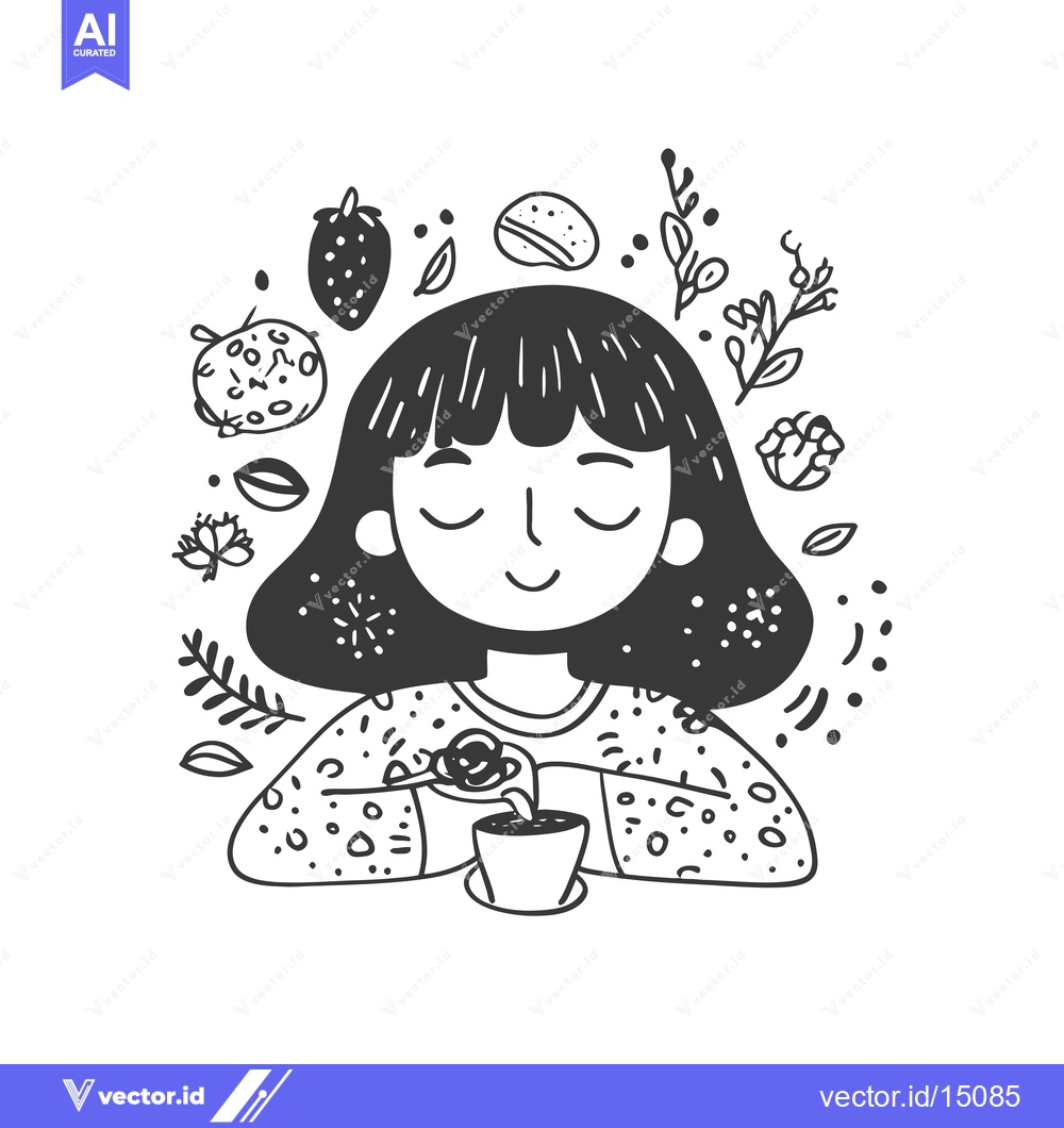 Premium Vector of A Girl With Closed Eyes Drinking Tea Surrounded by Doodle Objects