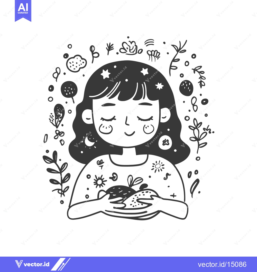 Premium Vector of A girl with closed eyes surrounded by nature doodles, holding a plant