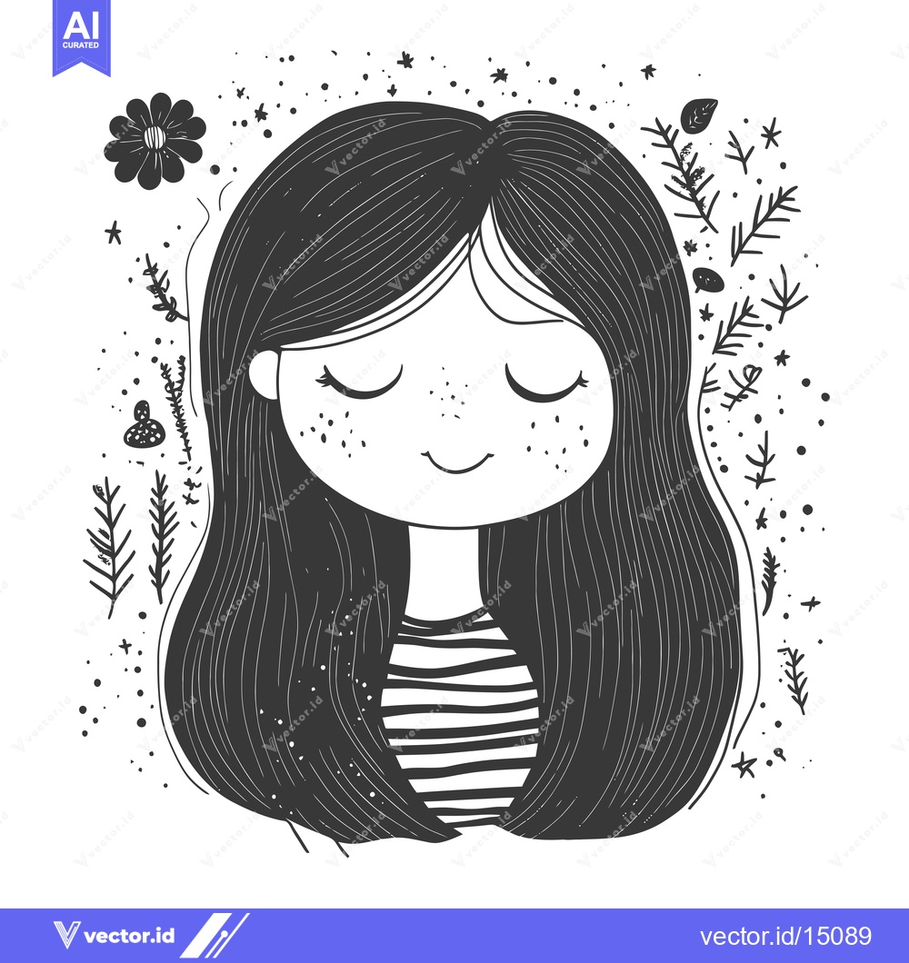 Premium Vector of A Girl with Long Hair Surrounded by Flowers and Stars