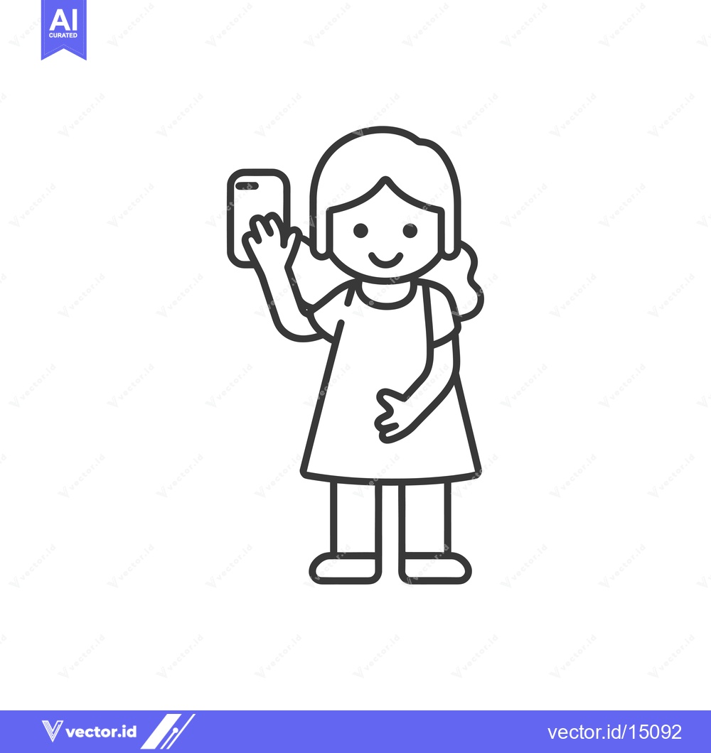 Premium Vector dari A girl with long wavy hair smiles and holds a phone in her left hand