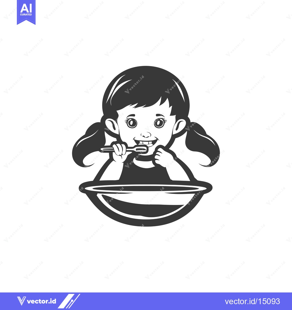 Premium Vector of A girl with pigtails brushing her teeth in a sink