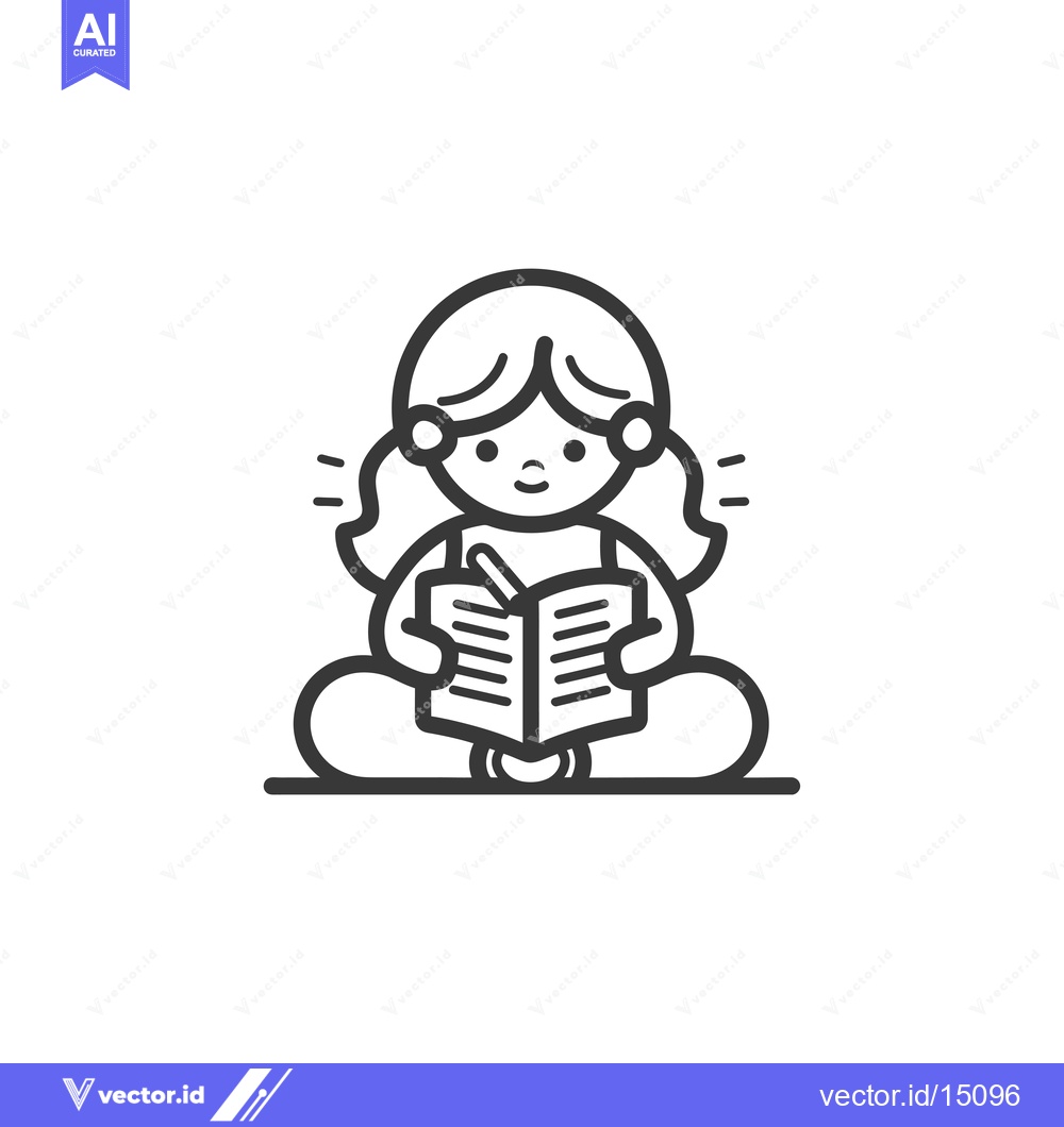 Premium Vector dari A girl with pigtails sits cross-legged and reads a book