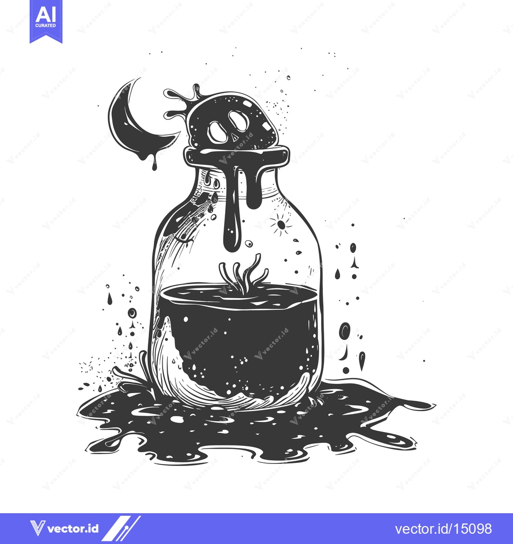Premium Vector dari A Glass Bottle Filled with Dark Liquid and Splashes, Depicting Night S