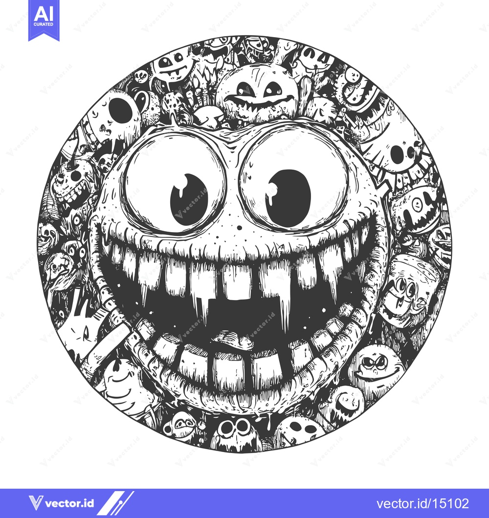 Premium Vector of A Glowing, Cartoonish Monster Face Surrounded by Smaller Monsters