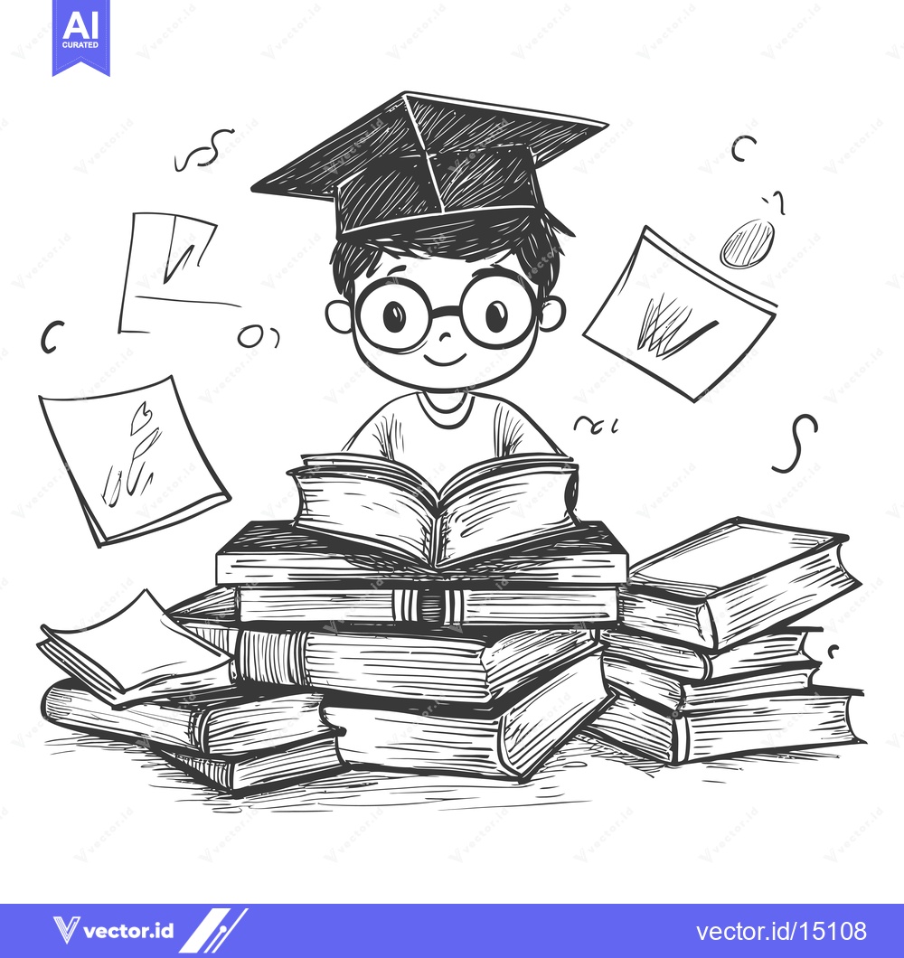 Premium Vector dari A Graduate Student Reading a Book Surrounded by Books