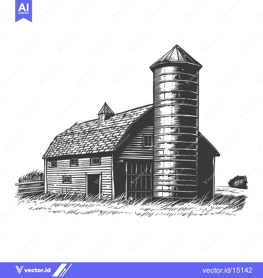 Premium Vector dari Rustic Farm Barn With Attached Silo In Field