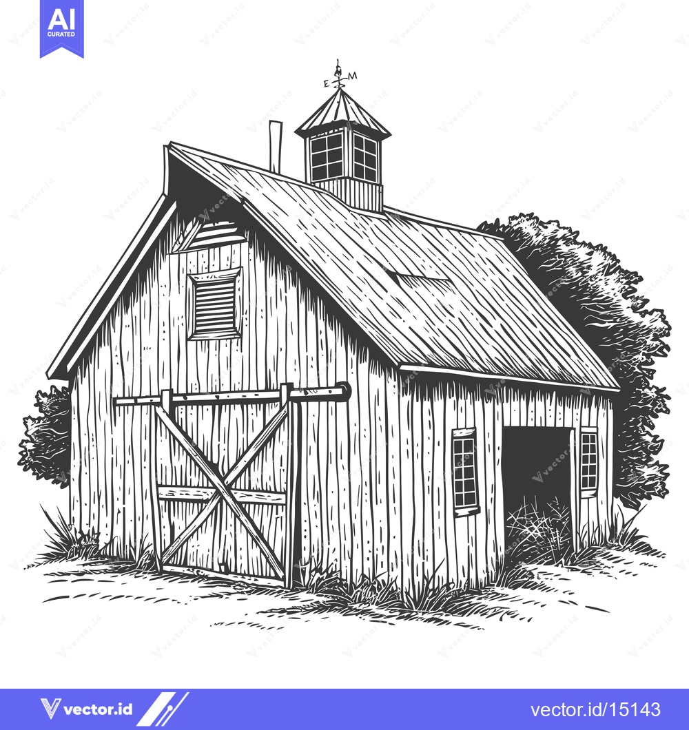 Premium Vector dari A Rustic Wooden Barn Stands in a Field of Grass