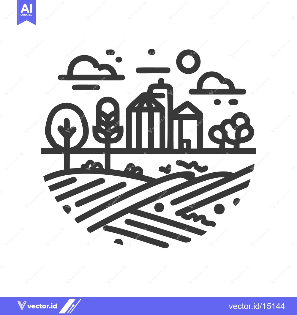 Premium Vector of Minimalist Farm Landscape Icon: Fields, Barn, Trees, and Sun in Circul