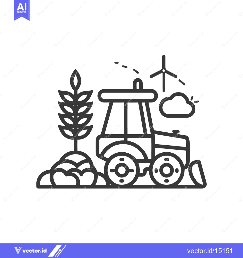 Premium Vector of A detailed black line drawing illustrating farm equipment and wind pow