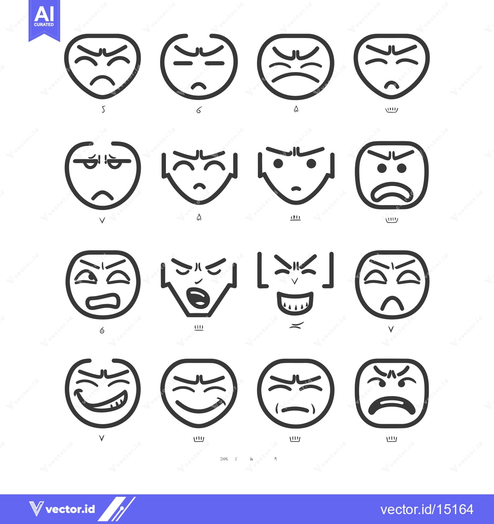 Premium Vector dari A Grid of 12 Black and White Hand-Drawn Emojis Displaying Anger and Sa