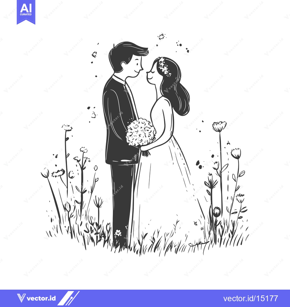 Premium Vector of A Groom and Bride in Love, Surrounded by Flowers