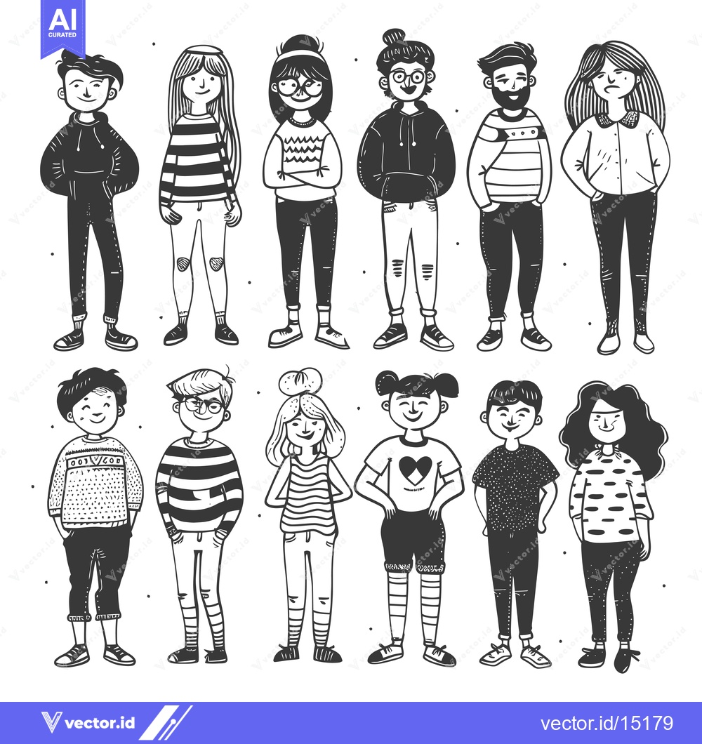 Premium Vector of A group of 12 cartoon characters, including boys, girls, and men, stan