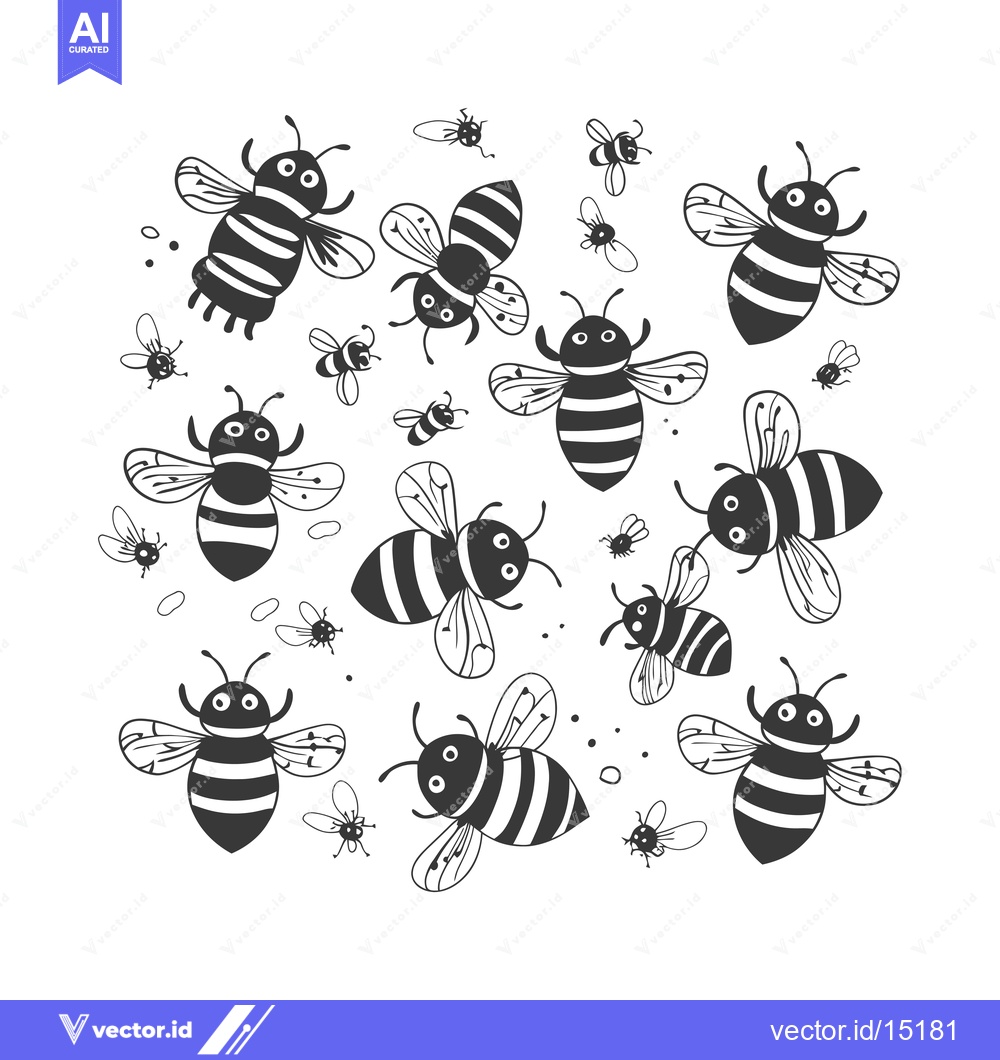 Premium Vector dari A Group of Black and White Cartoon Bees Flying on a White Background