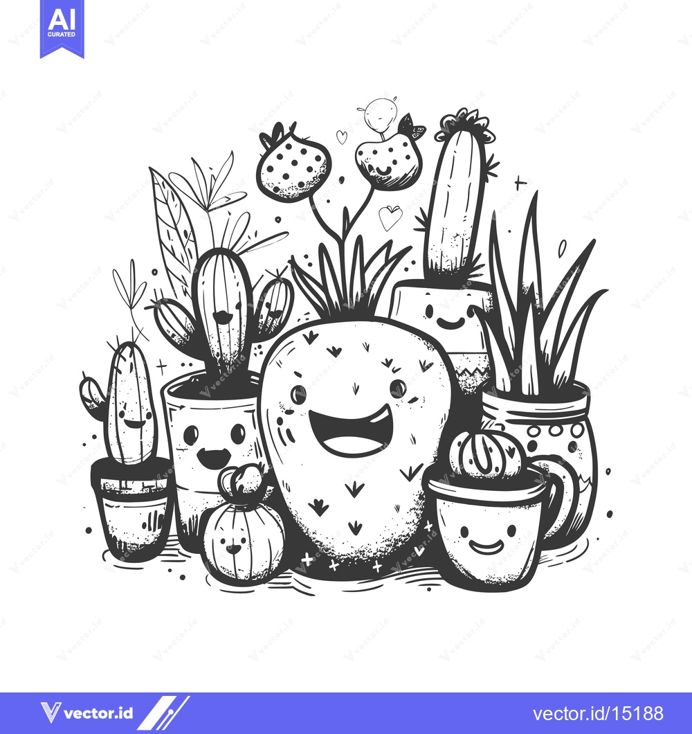 Premium Vector of A Group of Cartoon Plants in Pots, Including a Strawberry