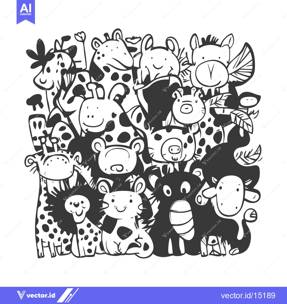 Premium Vector dari A Group of Cute Cartoon Animals in Black and White