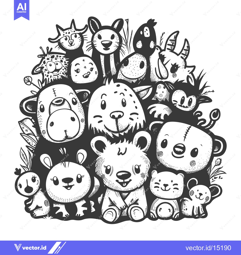 Premium Vector of A Group of Cute Cartoon Animals with Big Eyes and Smiles