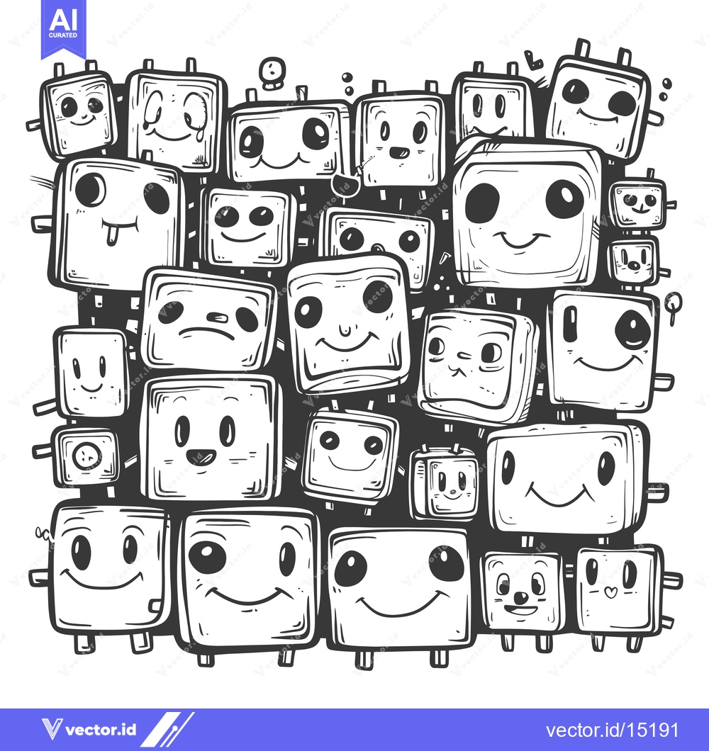 Premium Vector dari A Group of Cute Cartoon Characters with Square Bodies and Different Fa