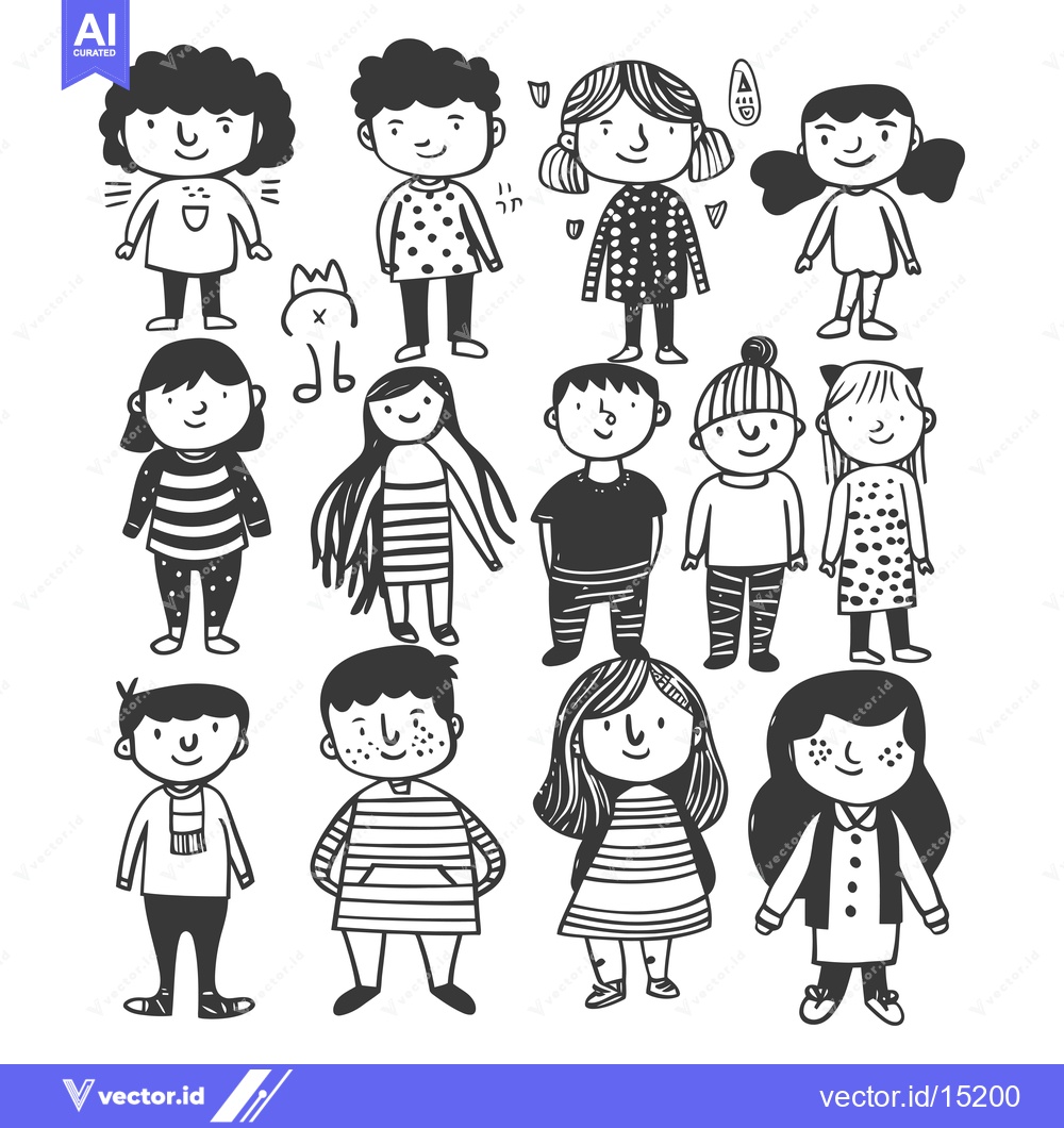 Premium Vector dari A Group of Hand-Drawn Cartoon Kids with Different Hairstyles and Cloth