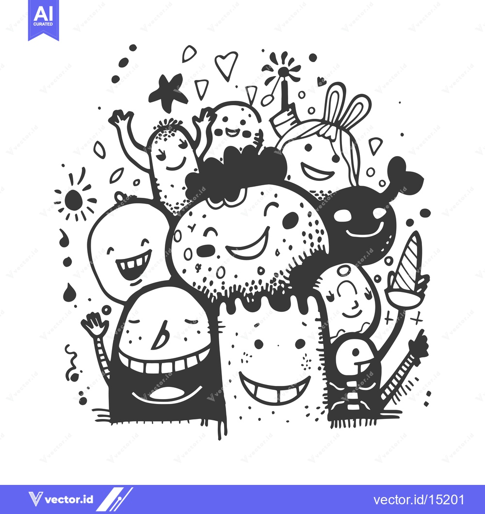 Premium Vector dari A Group of Hand-Drawn Cartoon Monsters with Smiling Faces
