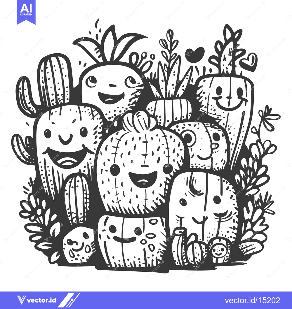Premium Vector of A group of happy cartoon cacti with smiling faces surrounded by foliag