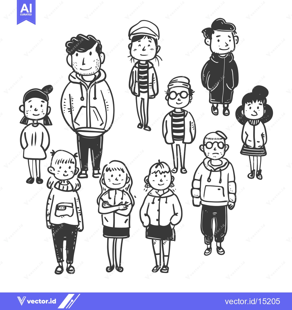 Premium Vector dari A Group of Nine Cartoon People in Casual Clothing