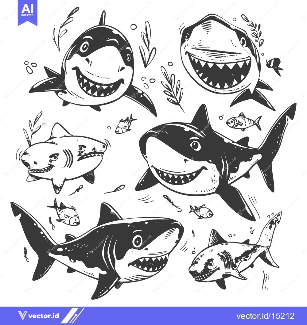 Premium Vector dari A Group of Sharks Swimming in the Ocean with Small Fish