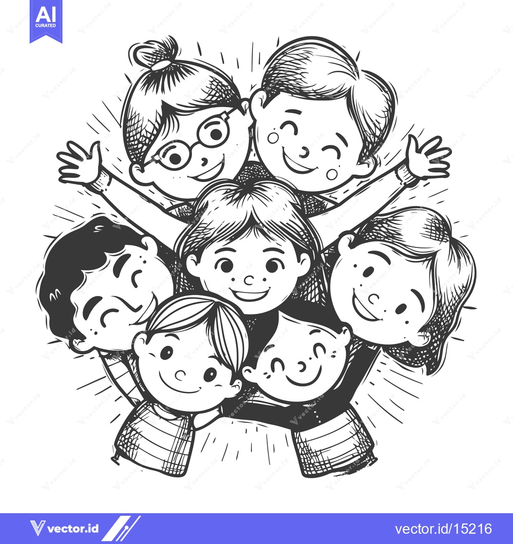Premium Vector dari A group of six happy children huddled together in a circle