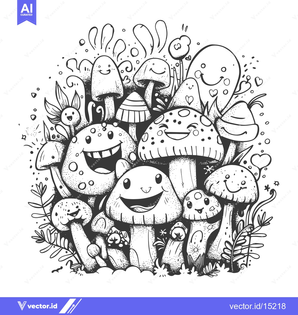 Premium Vector dari A Group of Smiling Cartoon Mushrooms in a Whimsical Setting