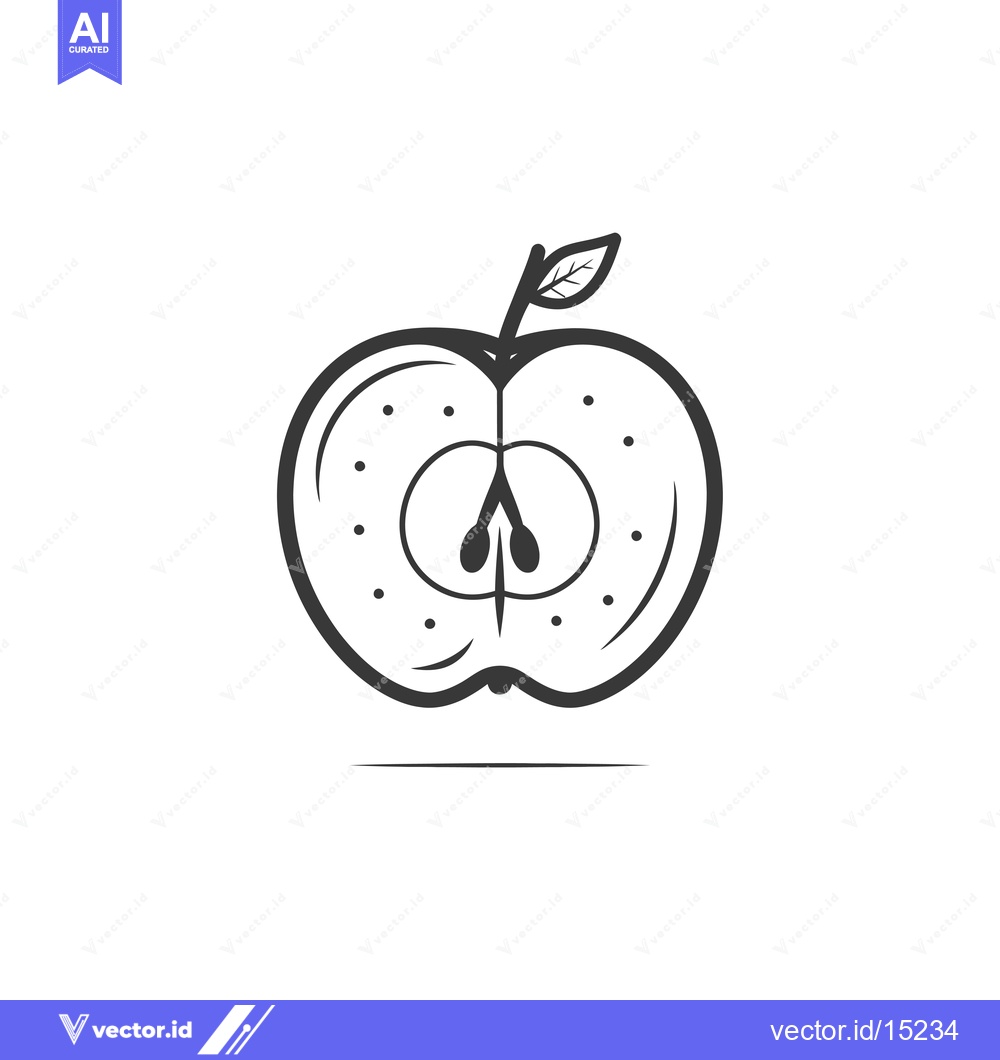 Premium Vector dari A Halved Apple with a Stem and Leaf in Black and White Outline