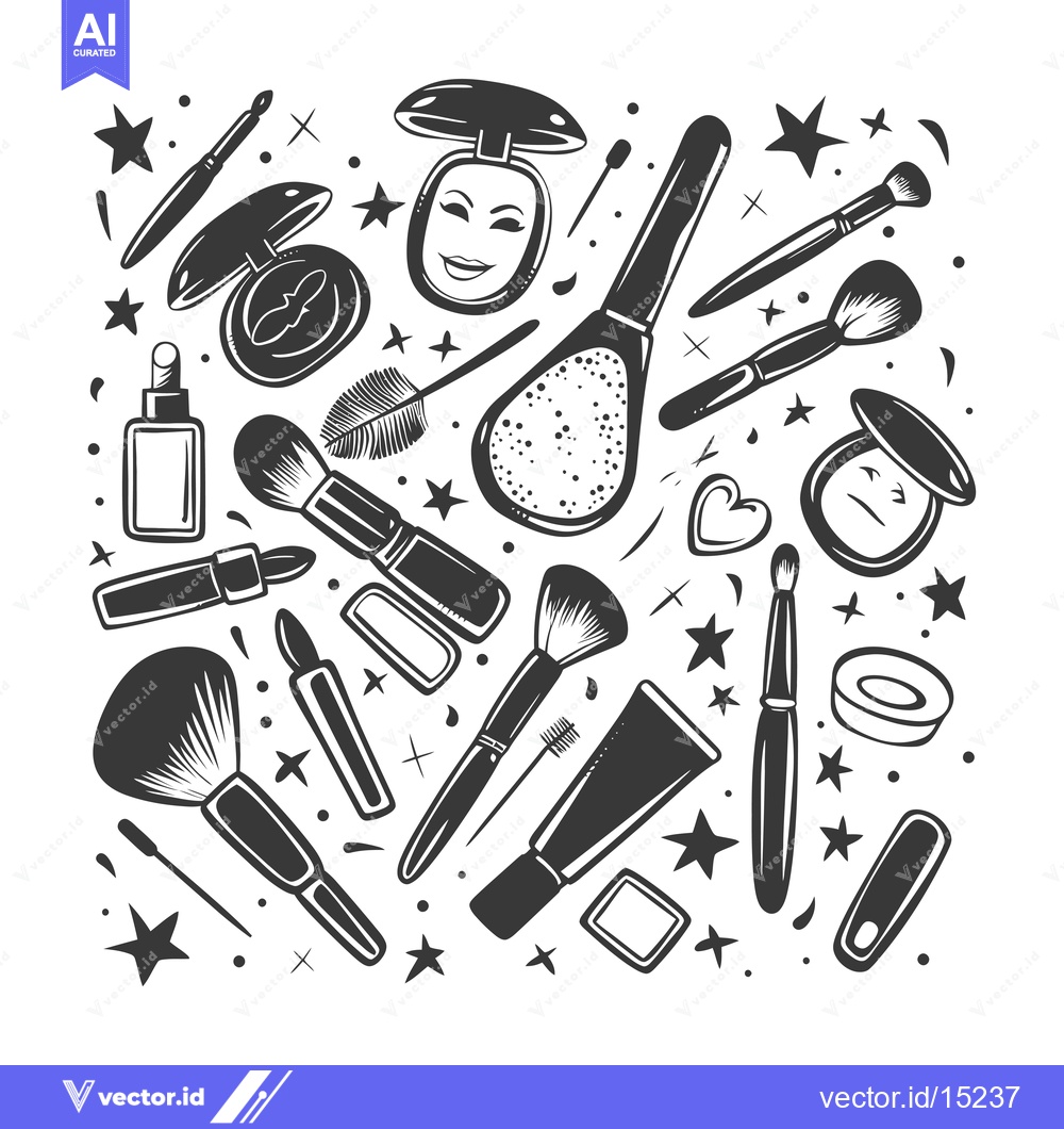 Premium Vector of A Hand-Drawn Arrangement of Makeup Brushes, Compacts, and Other Beauty