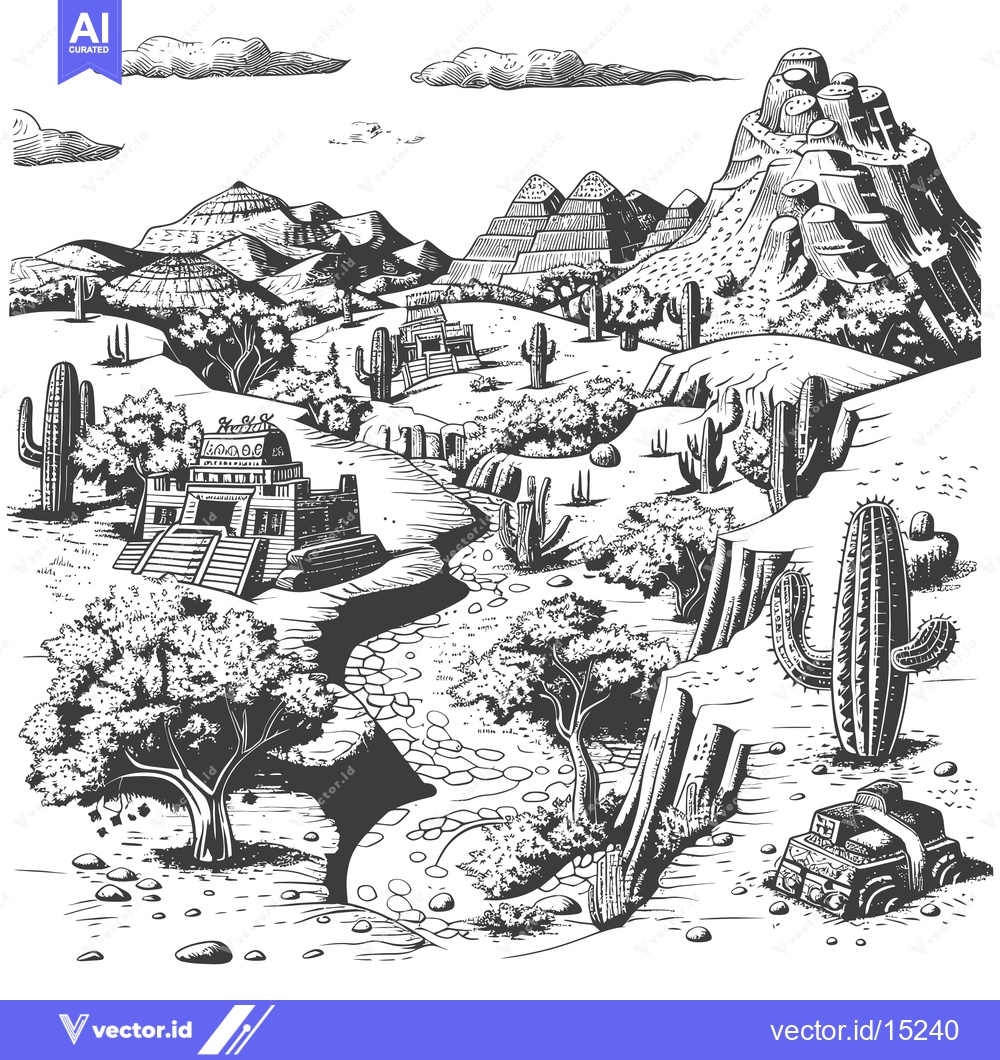 Premium Vector of A Hand-Drawn Black and White Depiction of a Desert Landscape with Anci