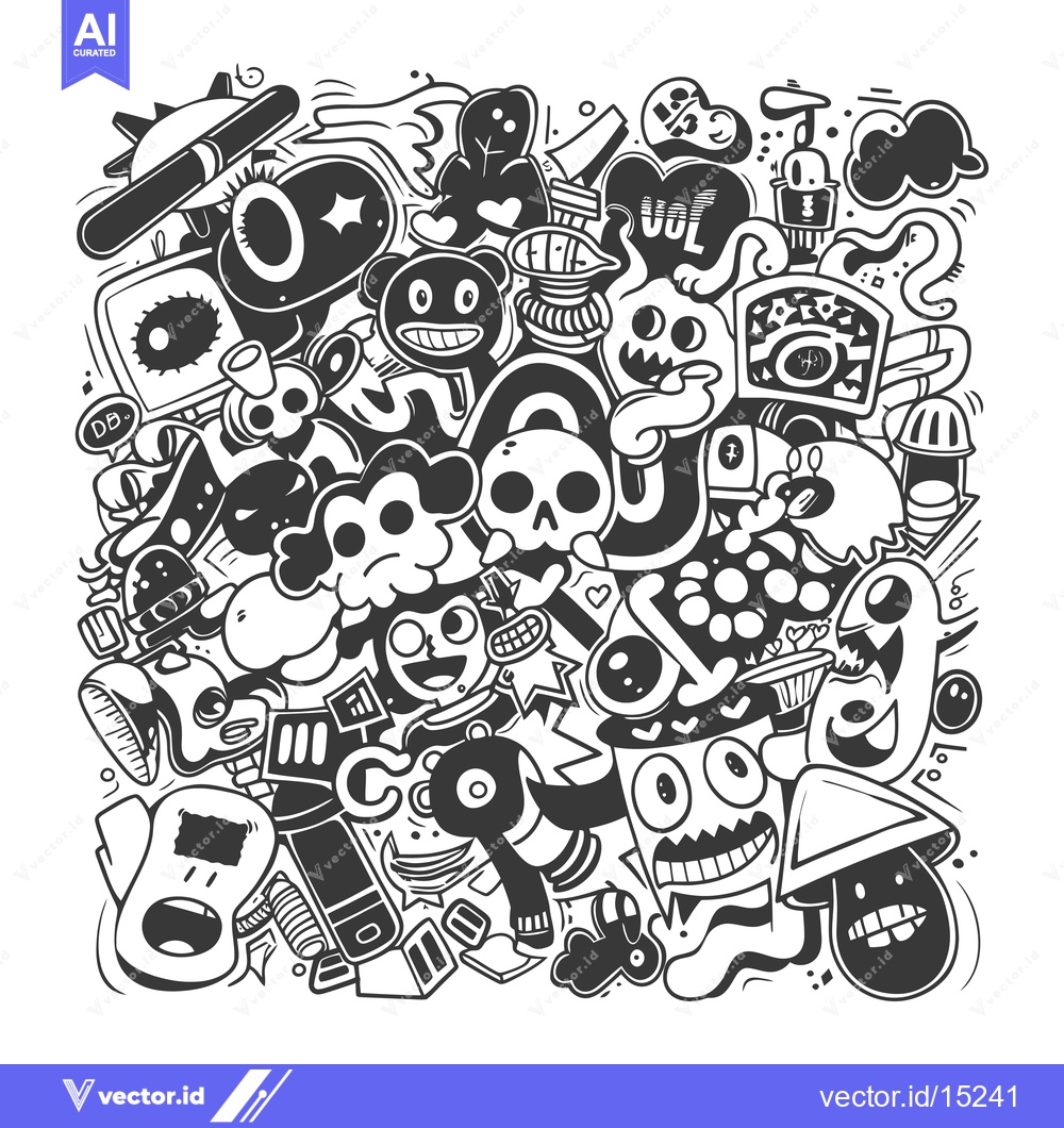 Premium Vector of A Hand-Drawn Black and White Doodle Illustration with Cartoon Creature