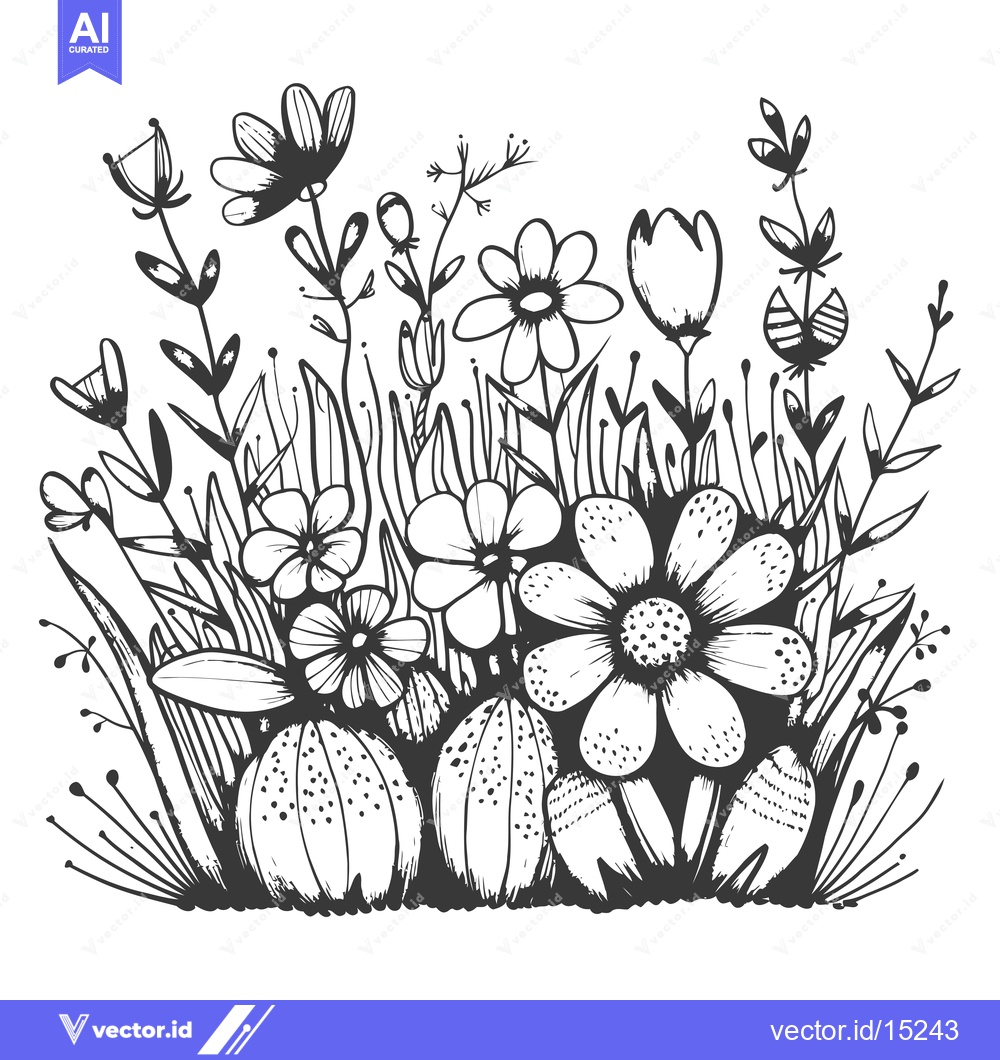 Premium Vector dari A Hand-Drawn Black and White Illustration of a Cluster of Flowers and