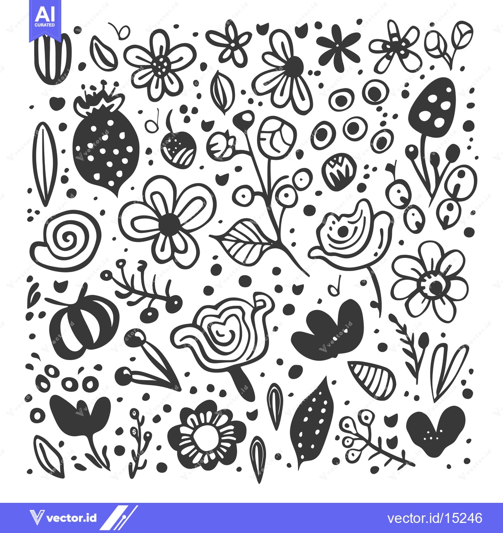 Premium Vector of A Hand-Drawn Black and White Illustration of a Garden Scene with Flowe