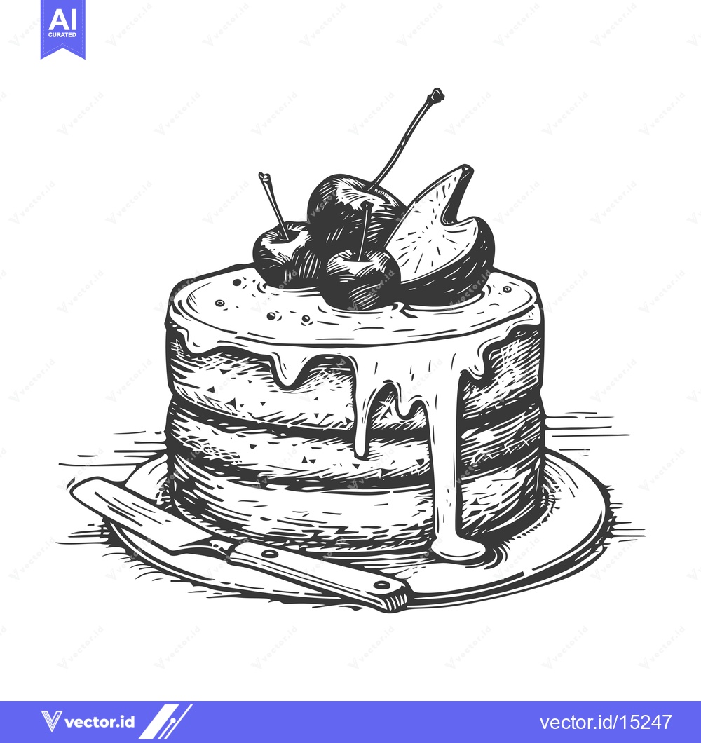 Premium Vector dari A Hand-Drawn Black and White Illustration of a Layered Cake with Cherr