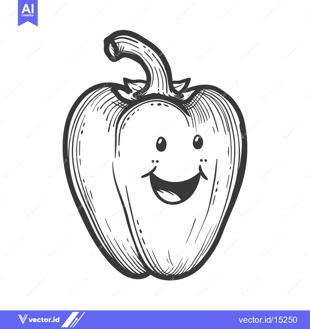 Premium Vector of A Hand-Drawn Black and White Illustration of a Smiling Bell Pepper
