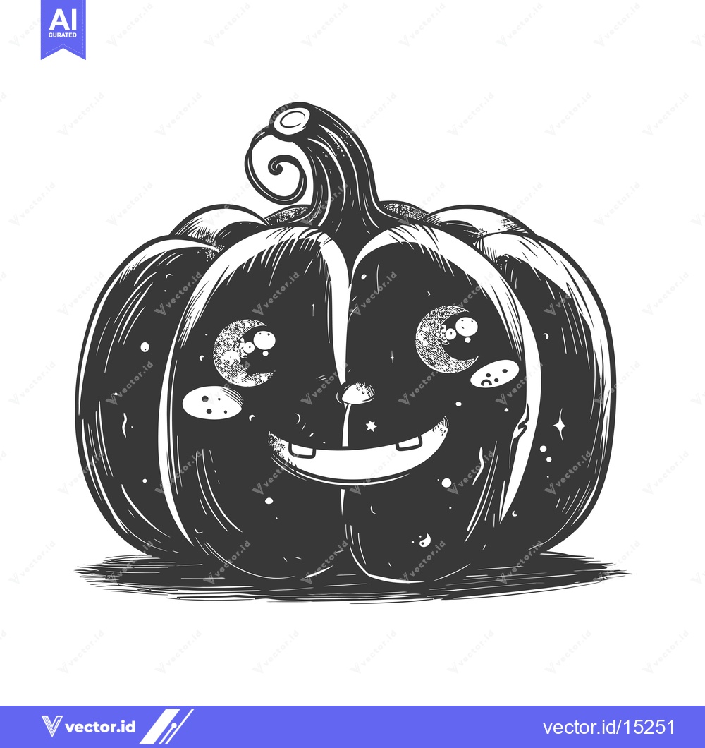 Premium Vector of A Hand-Drawn Black and White Illustration of a Smiling Pumpkin with Sp
