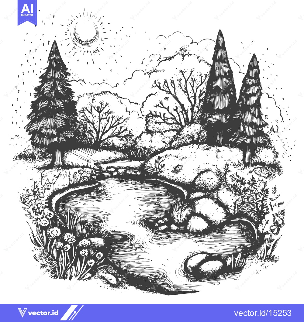 Premium Vector of A Hand-Drawn Black and White Illustration of a Winding River Through a