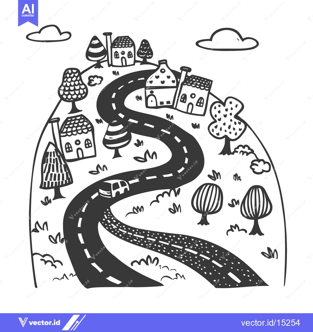 Premium Vector dari A Hand-Drawn Black and White Illustration of a Winding Road Through a